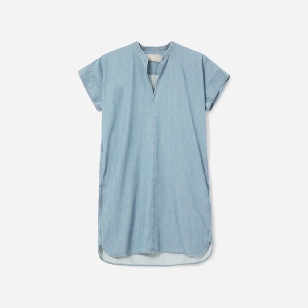 Everlane Split Neck Denim Dress Blue Size 4 Boxy Shift 100% Cotton Pockets